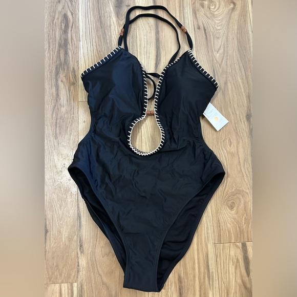 SHADE & SHORE Swimsuit One Piece M Plunge Bead Black CHEEKY Xtra High Leg NEW - Picture 1 of 8